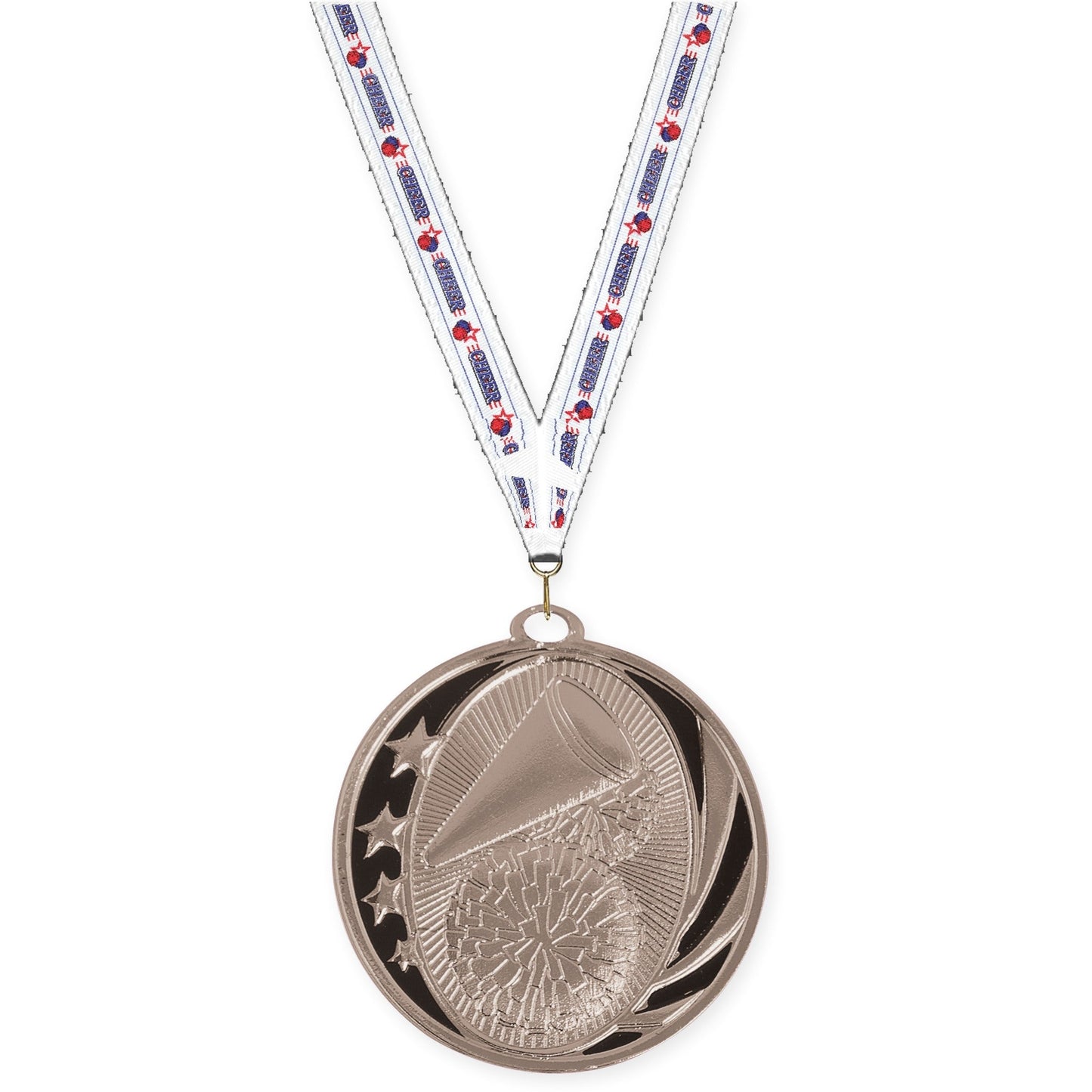 2 inch cheerleading MidNite Star medal in bright silver with Cheerleading neck ribbon