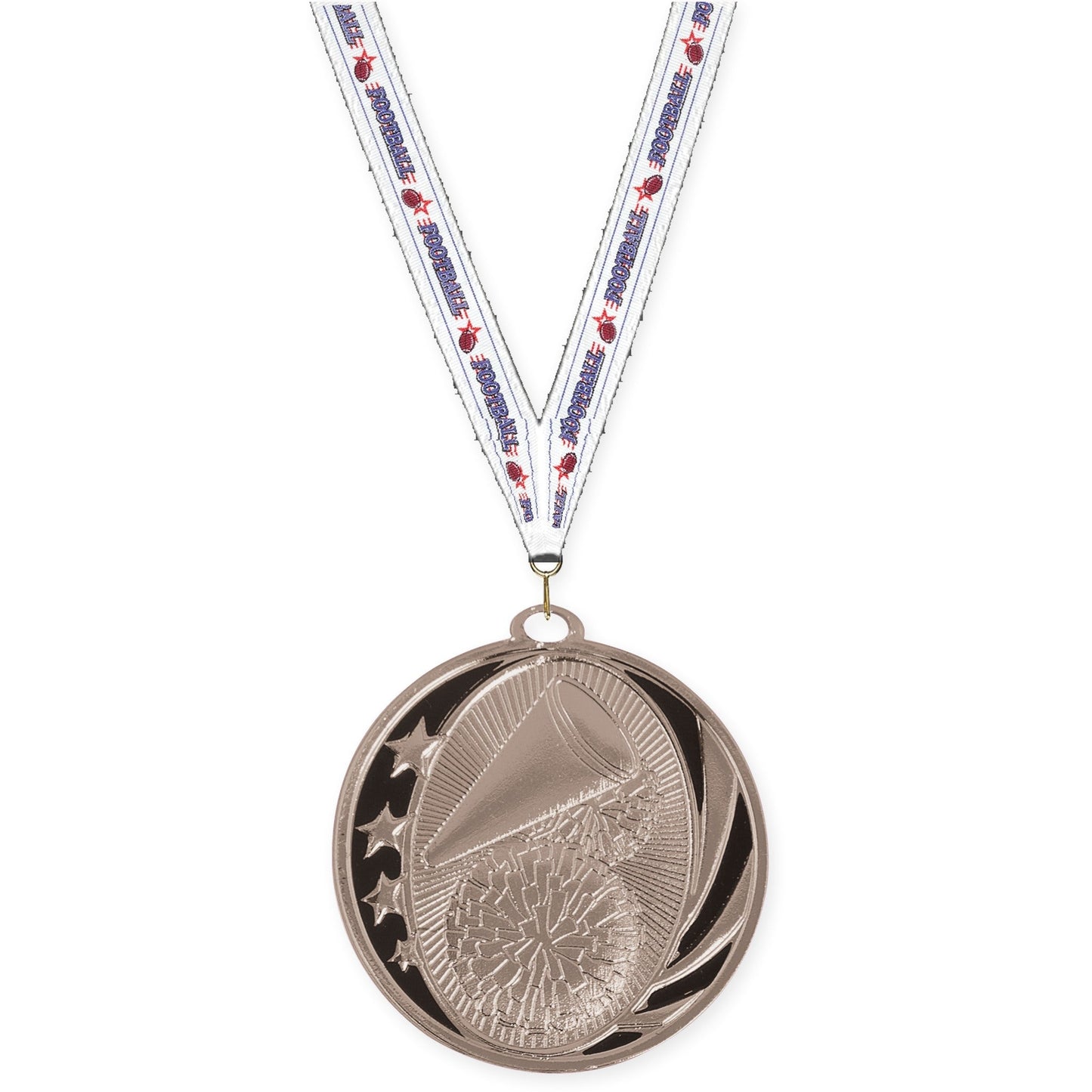 2 inch cheerleading MidNite Star medal in bright silver with Football neck ribbon