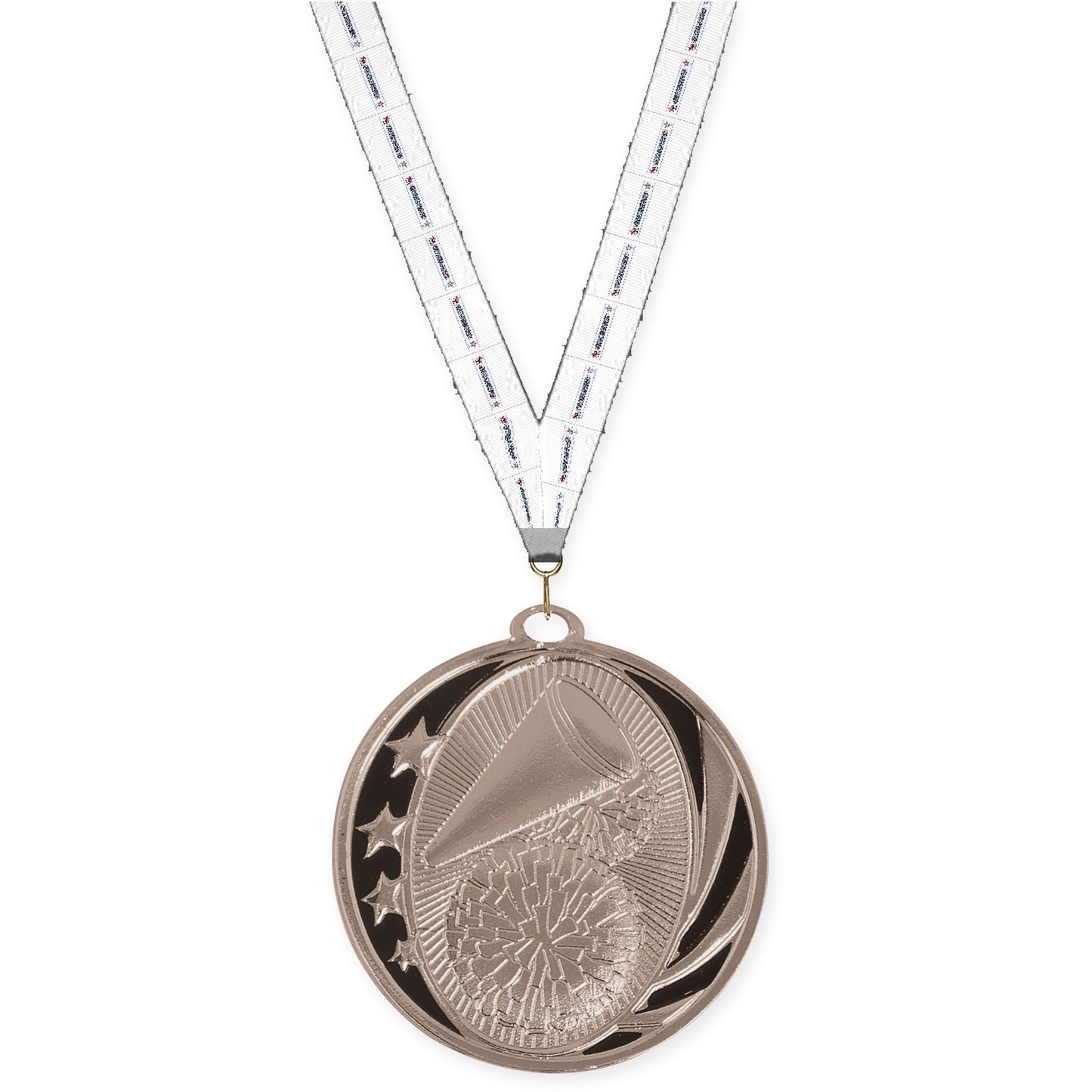2 inch cheerleading MidNite Star medal in bright silver with Gymnastics neck ribbon