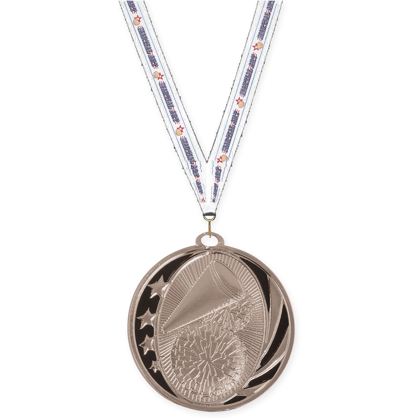 2 inch cheerleading MidNite Star medal in bright silver with Martial Arts neck ribbon