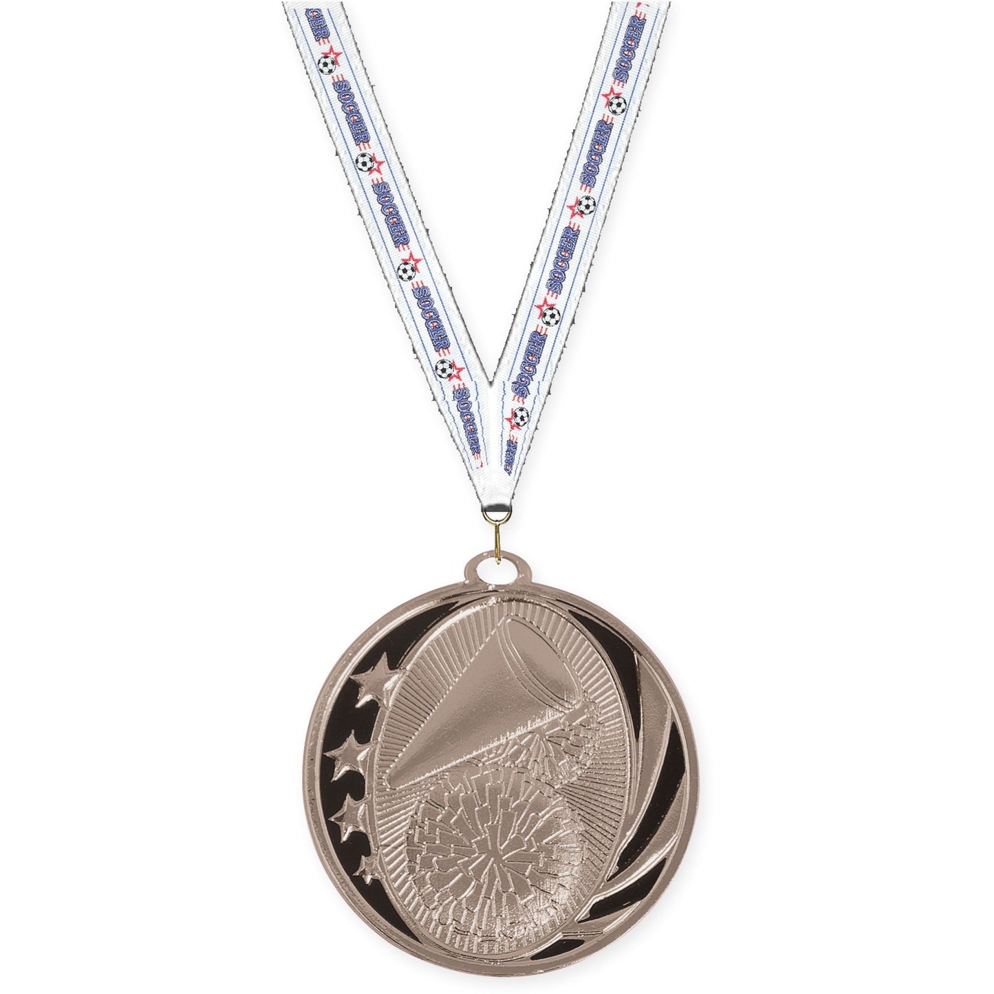 2 inch cheerleading MidNite Star medal in bright silver with Soccer neck ribbon