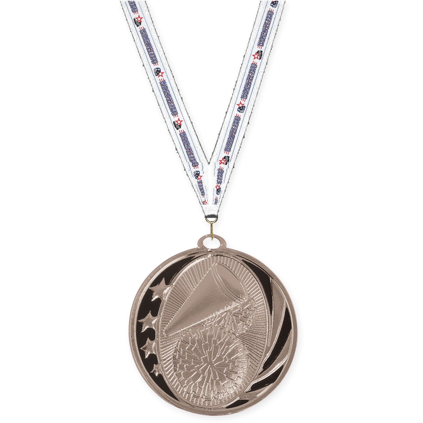 2 inch cheerleading MidNite Star medal in bright silver with Wrestling neck ribbon