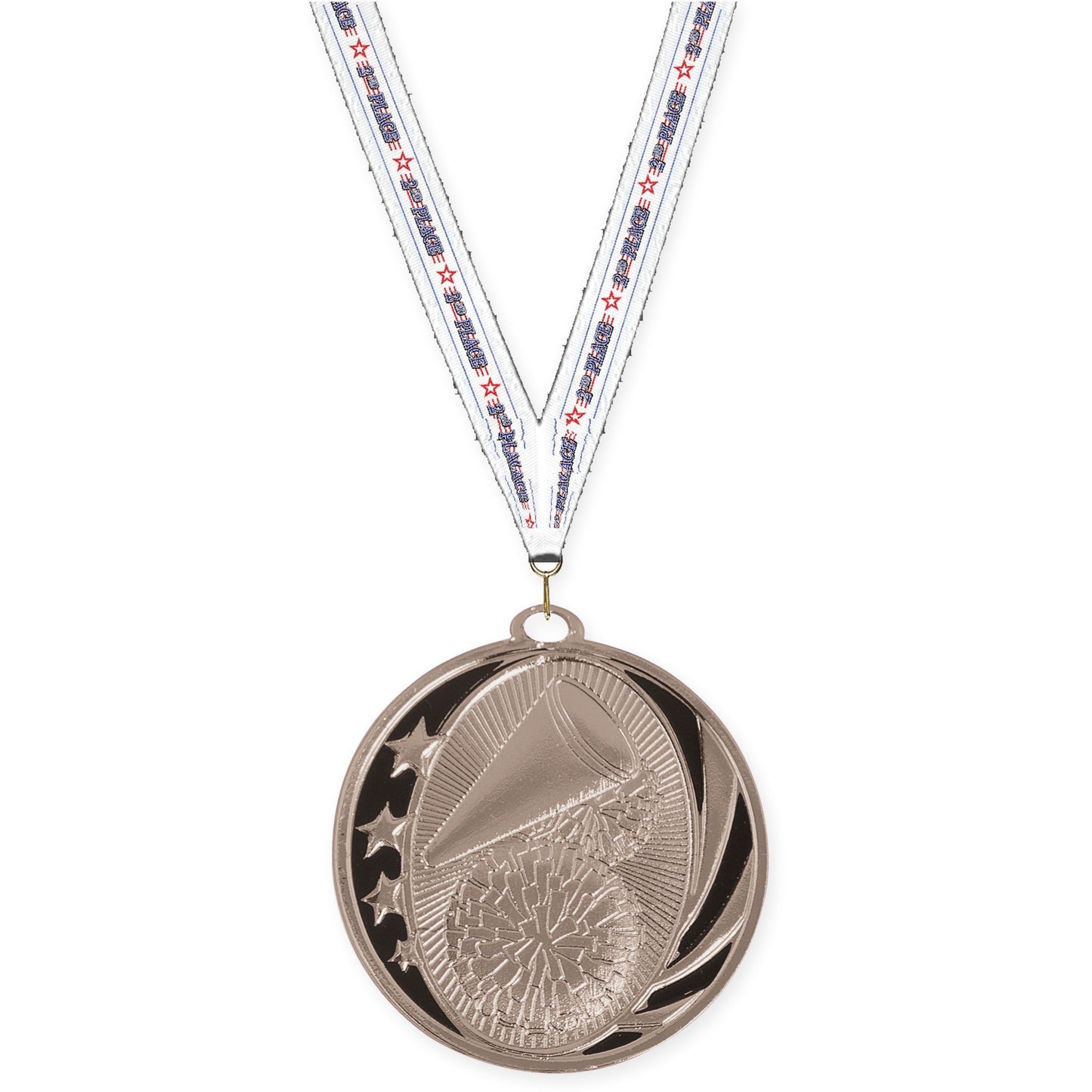 2 inch cheerleading MidNite Star medal in bright silver with 2nd Place neck ribbon