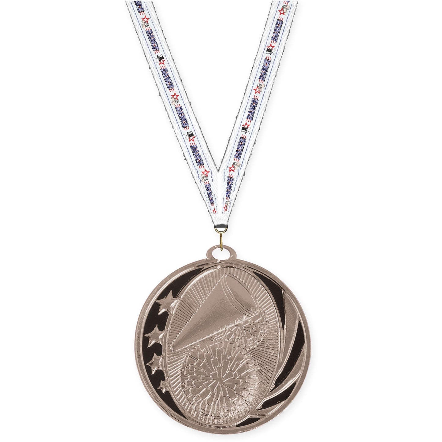 2 inch cheerleading MidNite Star medal in bright silver with Dance neck ribbon