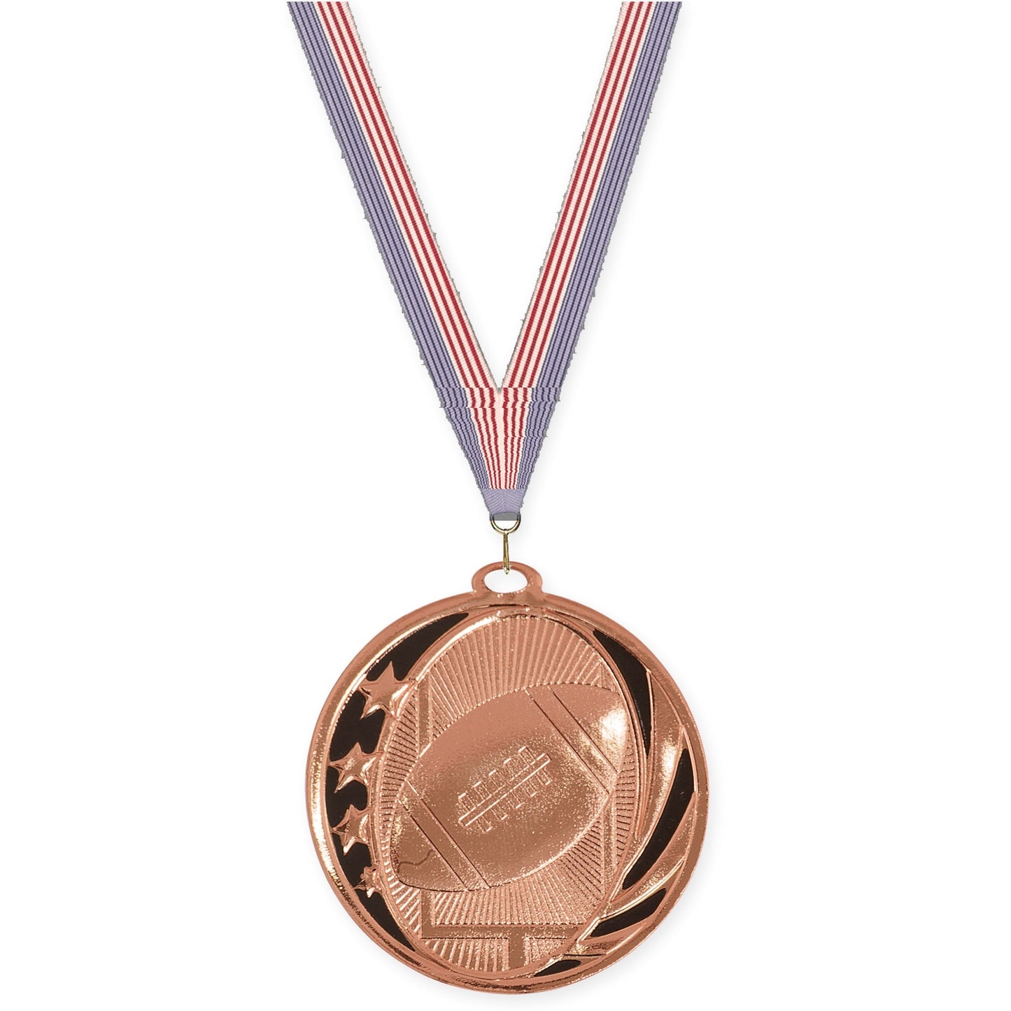 2 inch football MidNite Star medal in bright bronze with USA Flag neck ribbon