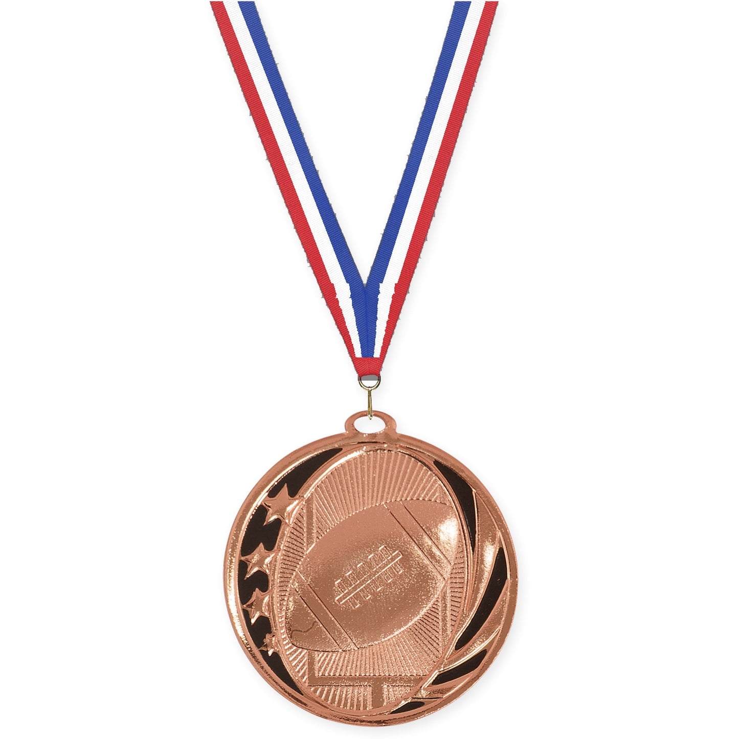 2 inch football MidNite Star medal in bright bronze with Red White Blue neck ribbon