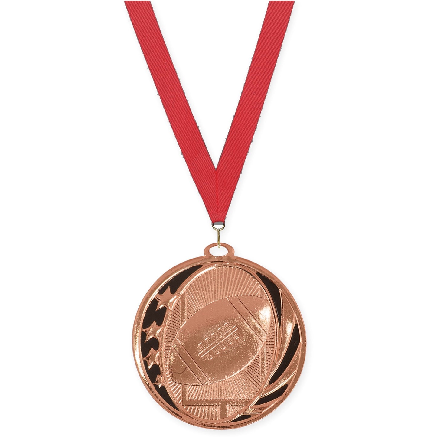 2 inch football MidNite Star medal in bright bronze with Red neck ribbon