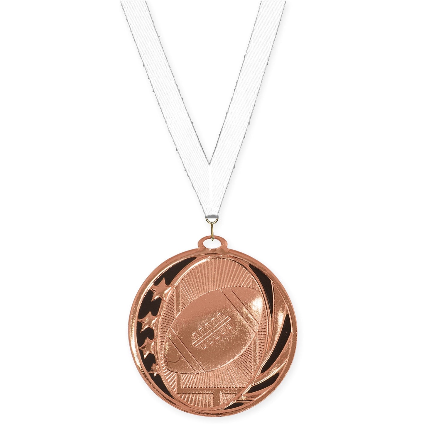 2 inch football MidNite Star medal in bright bronze with White neck ribbon