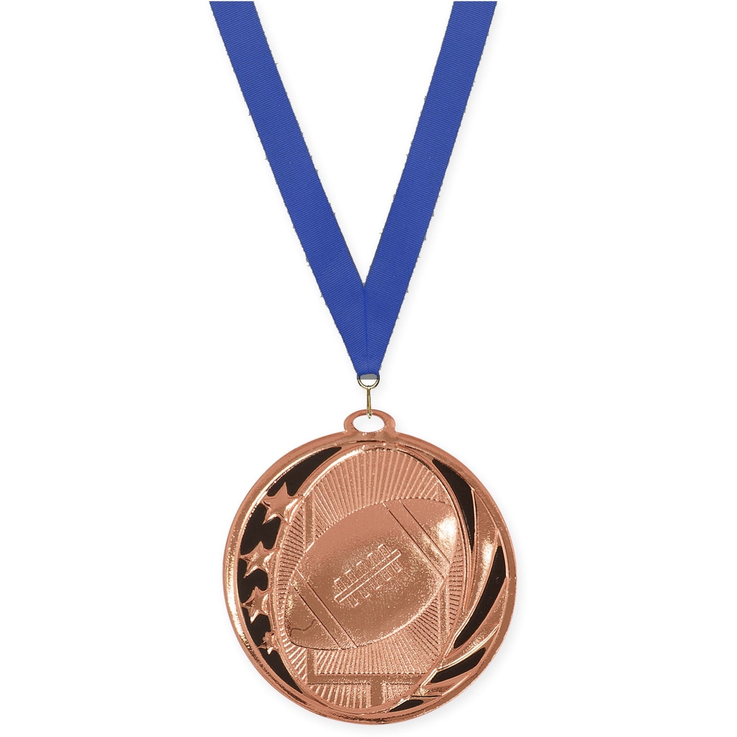 2 inch football MidNite Star medal in bright bronze with Blue neck ribbon