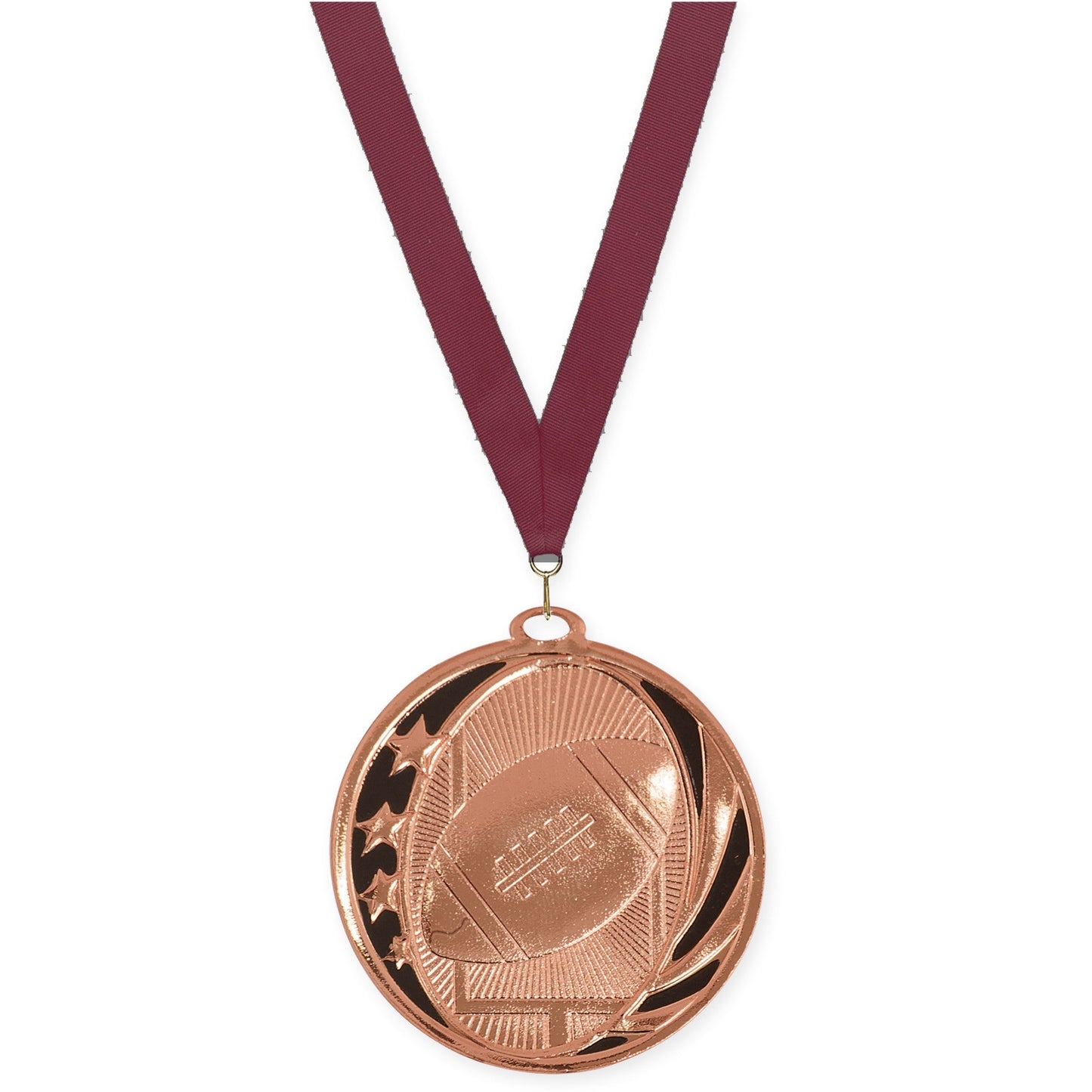 2 inch football MidNite Star medal in bright bronze with Maroon neck ribbon