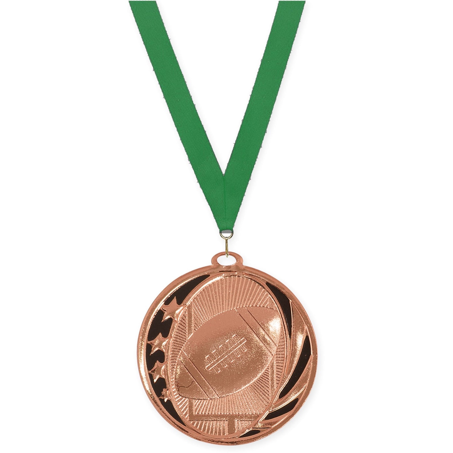 2 inch football MidNite Star medal in bright bronze with Green neck ribbon