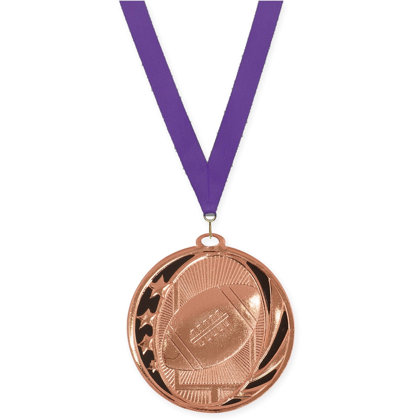 2 inch football MidNite Star medal in bright bronze with Purple neck ribbon