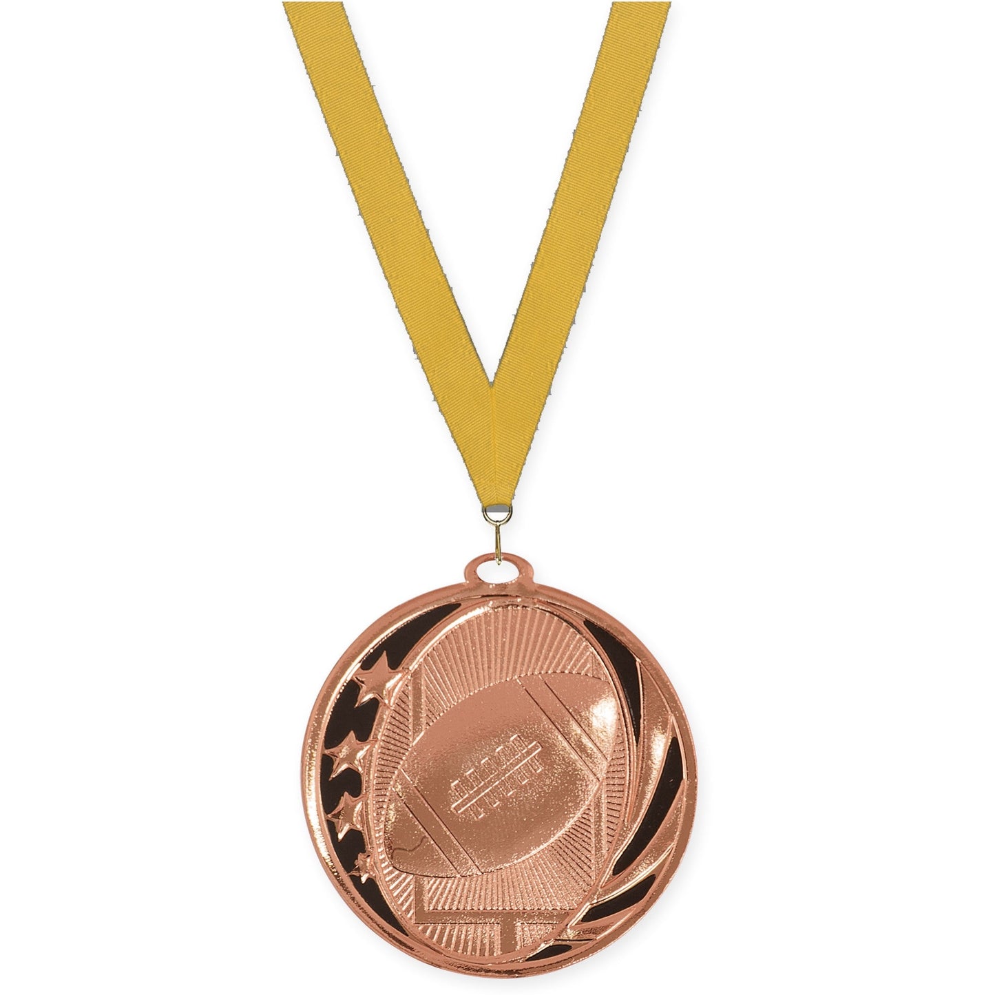 2 inch football MidNite Star medal in bright bronze with Gold neck ribbon