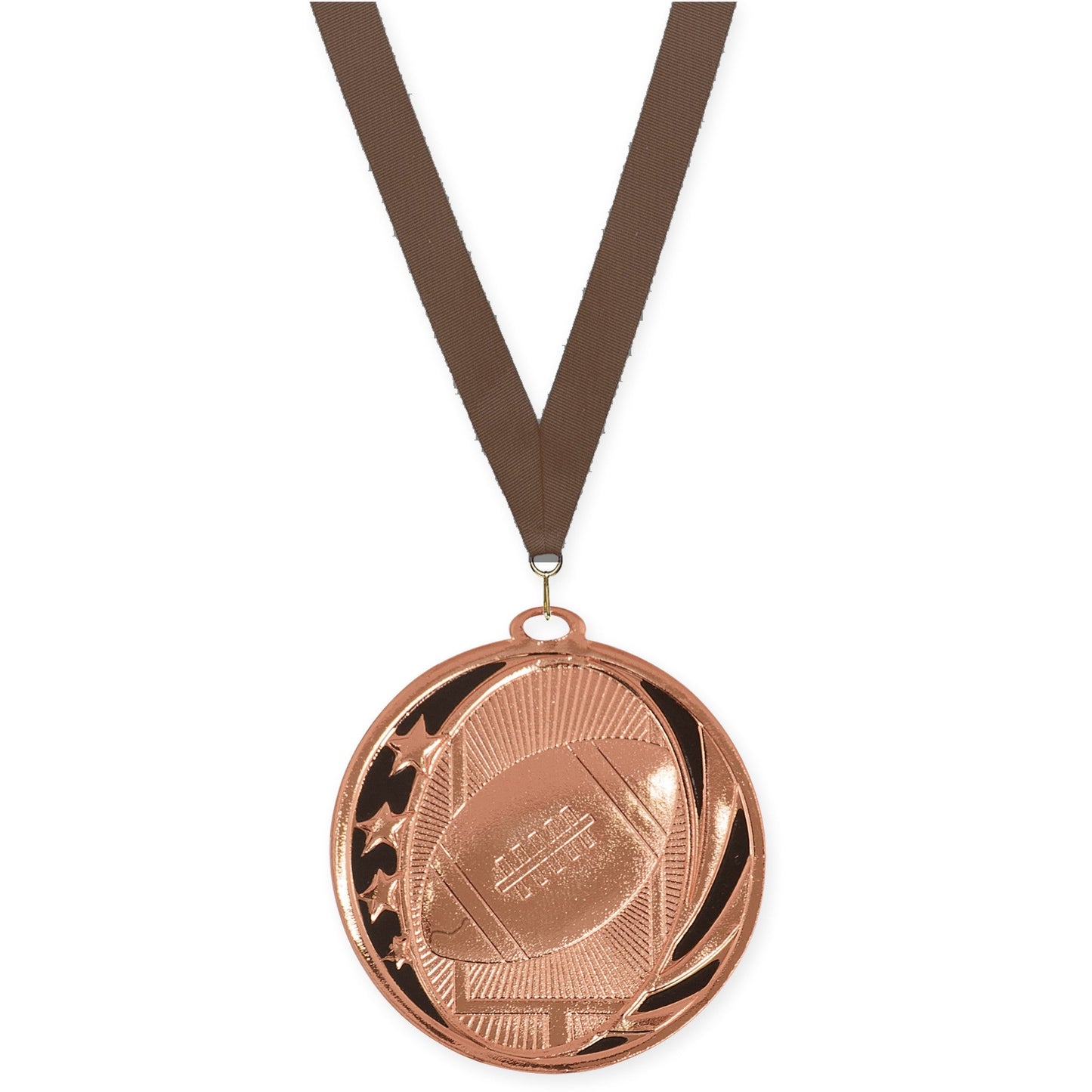 2 inch football MidNite Star medal in bright bronze with Brown neck ribbon
