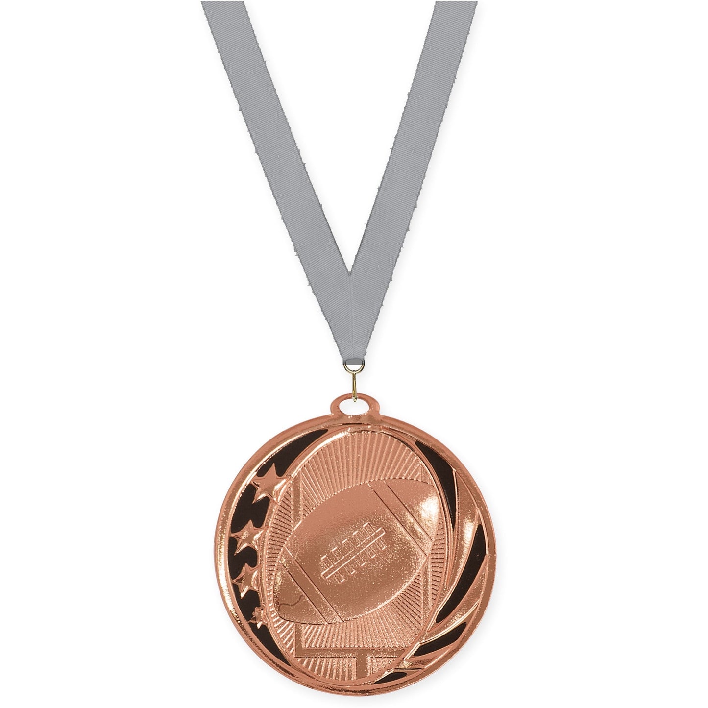 2 inch football MidNite Star medal in bright bronze with Gray neck ribbon
