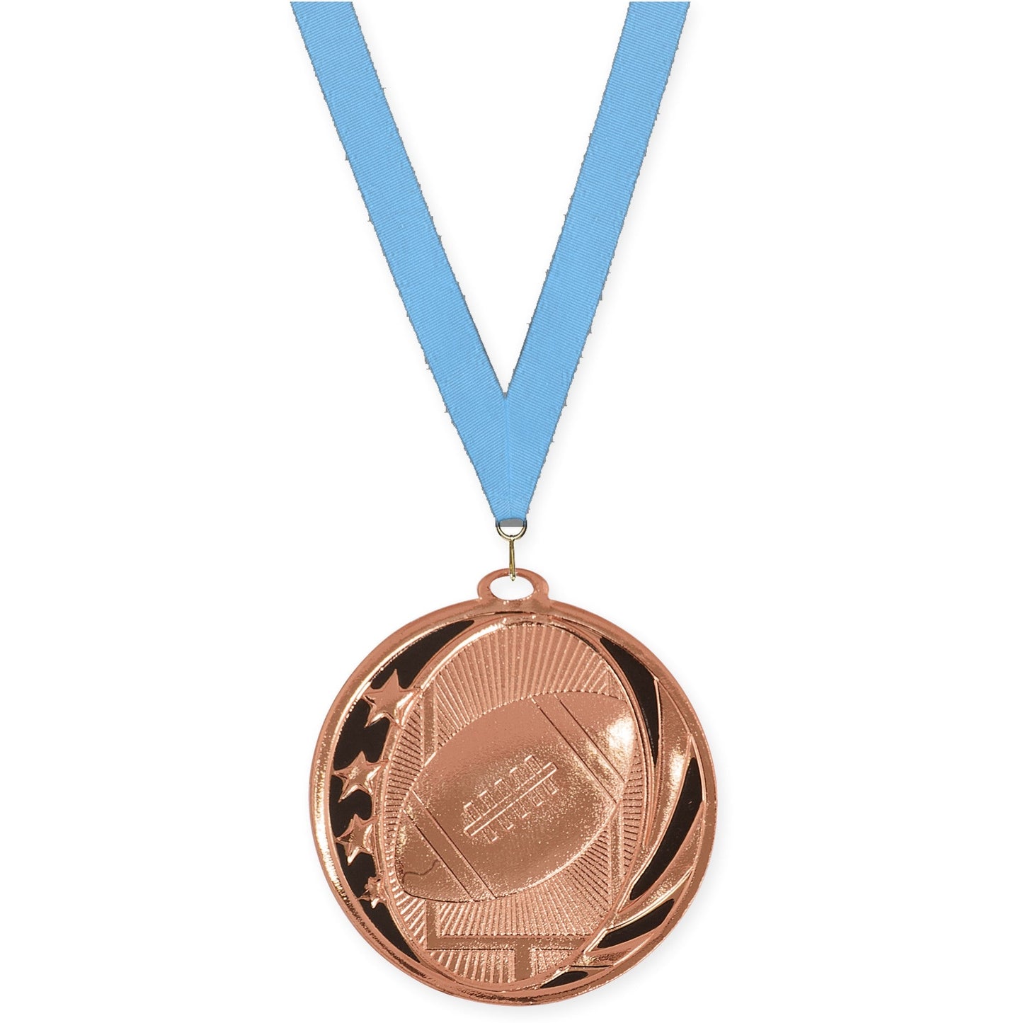 2 inch football MidNite Star medal in bright bronze with Light Blue neck ribbon