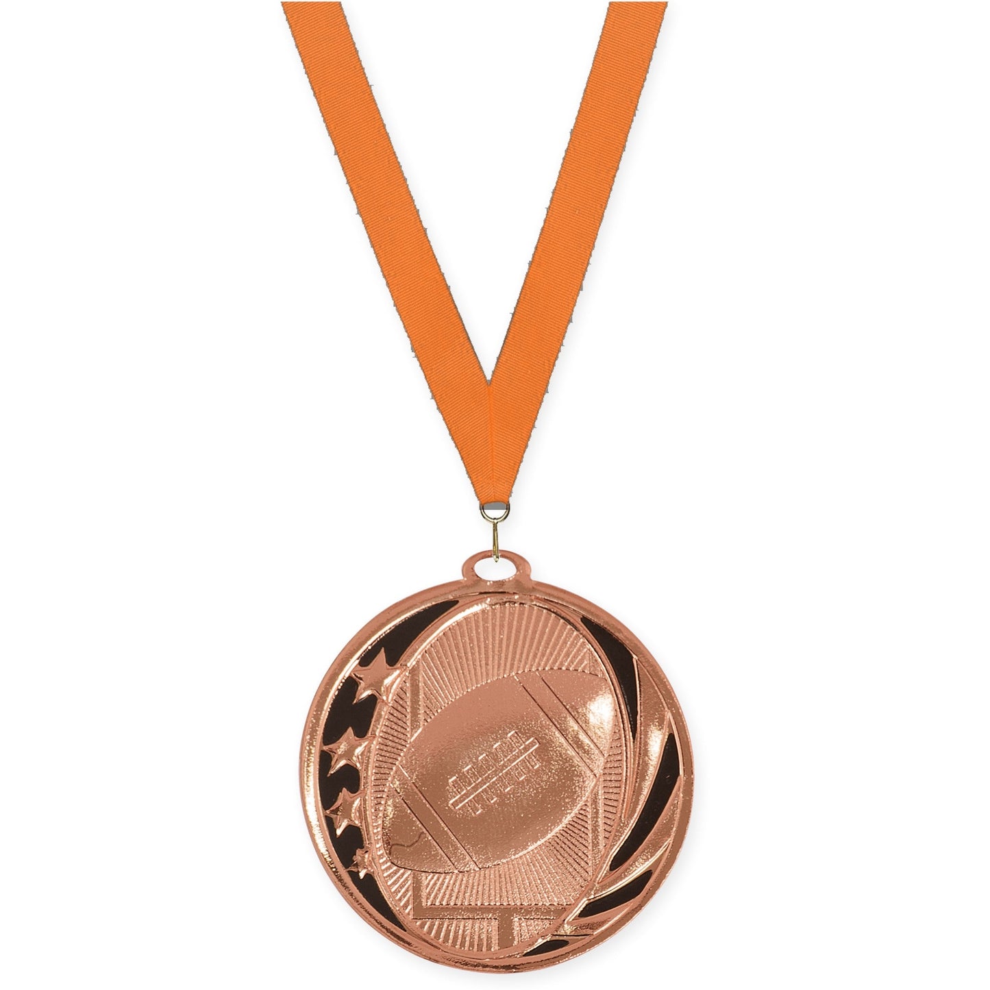 2 inch football MidNite Star medal in bright bronze with Orange neck ribbon