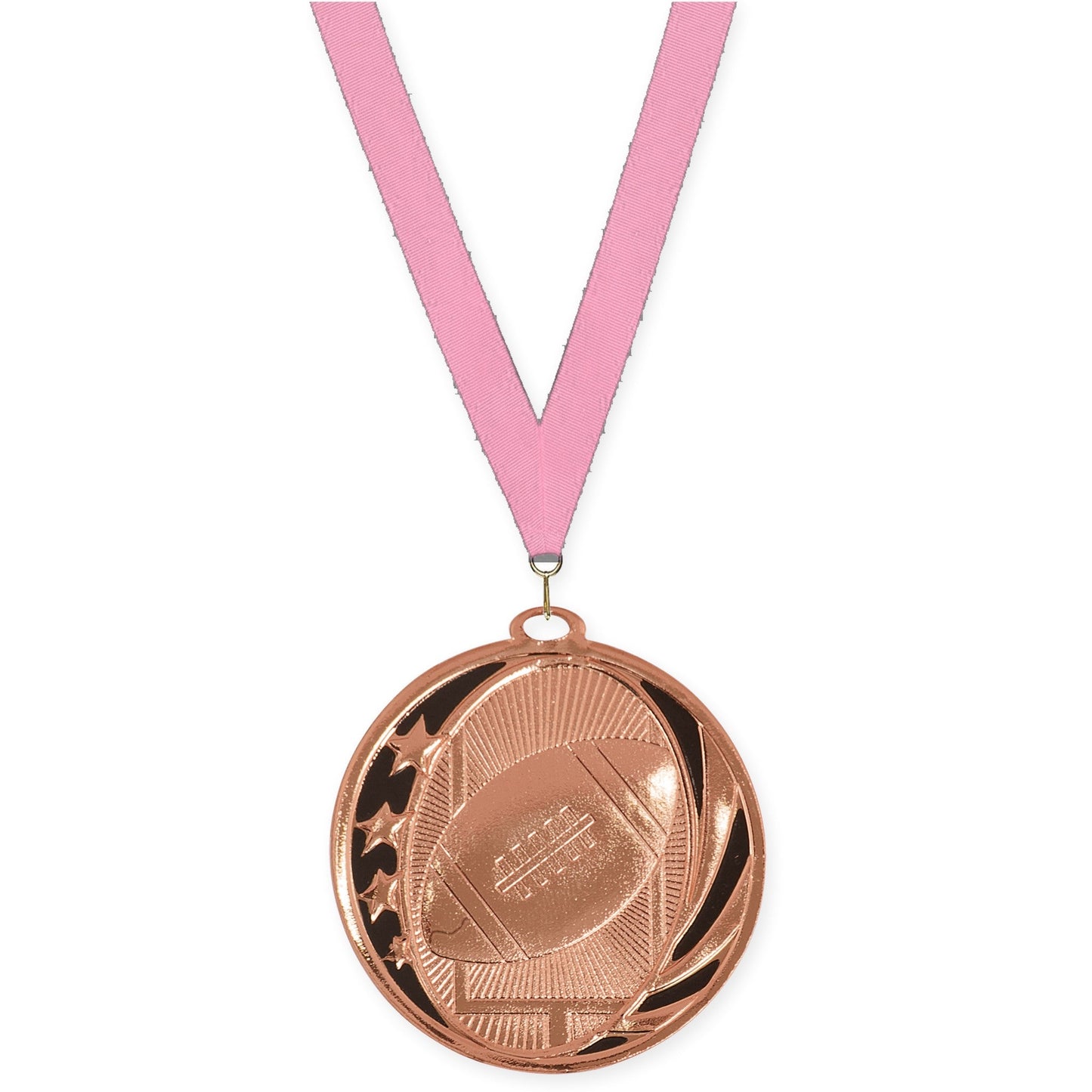 2 inch football MidNite Star medal in bright bronze with Pink neck ribbon