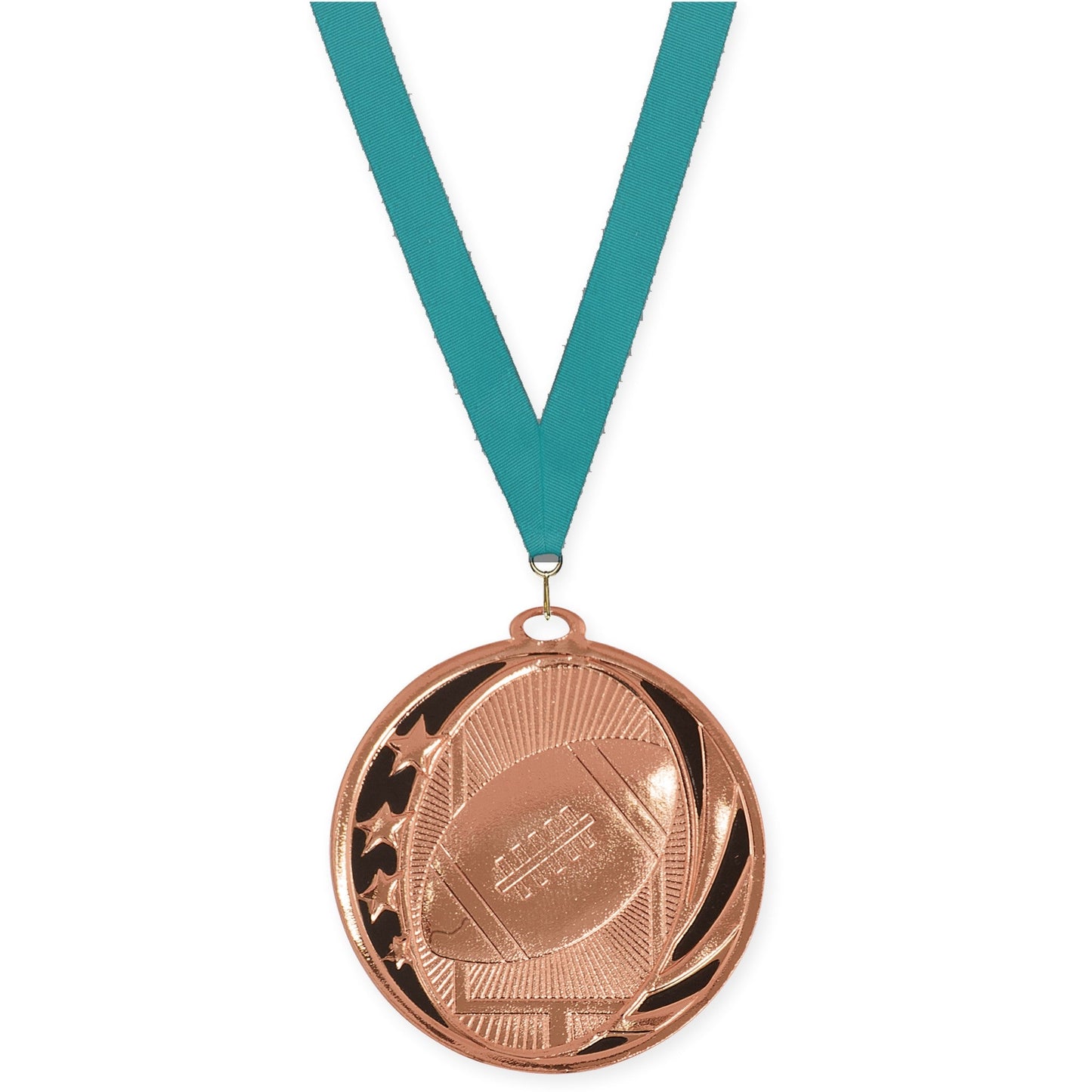 2 inch football MidNite Star medal in bright bronze with Teal neck ribbon