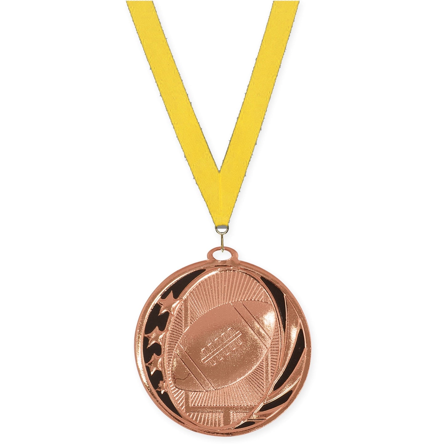 2 inch football MidNite Star medal in bright bronze with Yellow neck ribbon