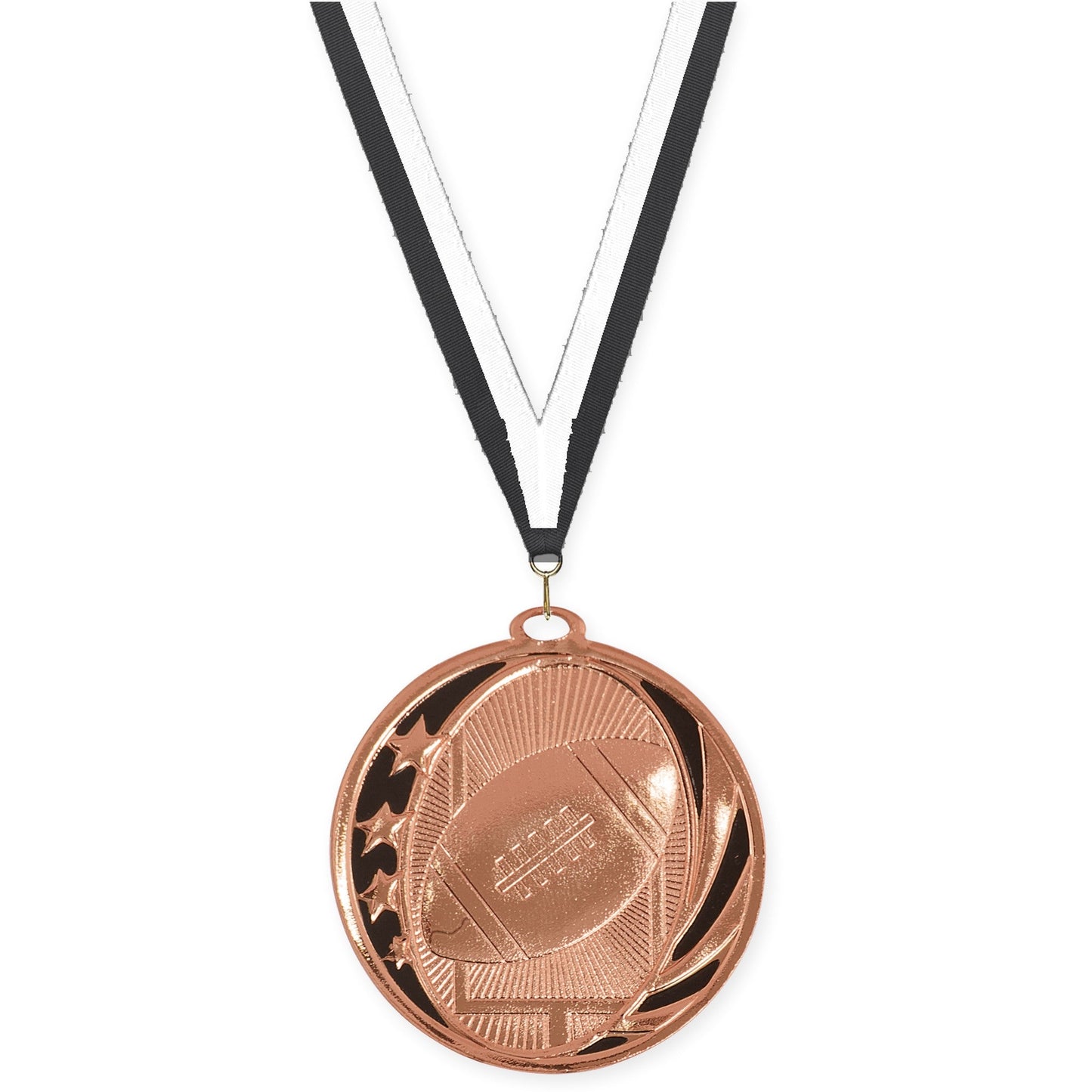 2 inch football MidNite Star medal in bright bronze with Black White neck ribbon