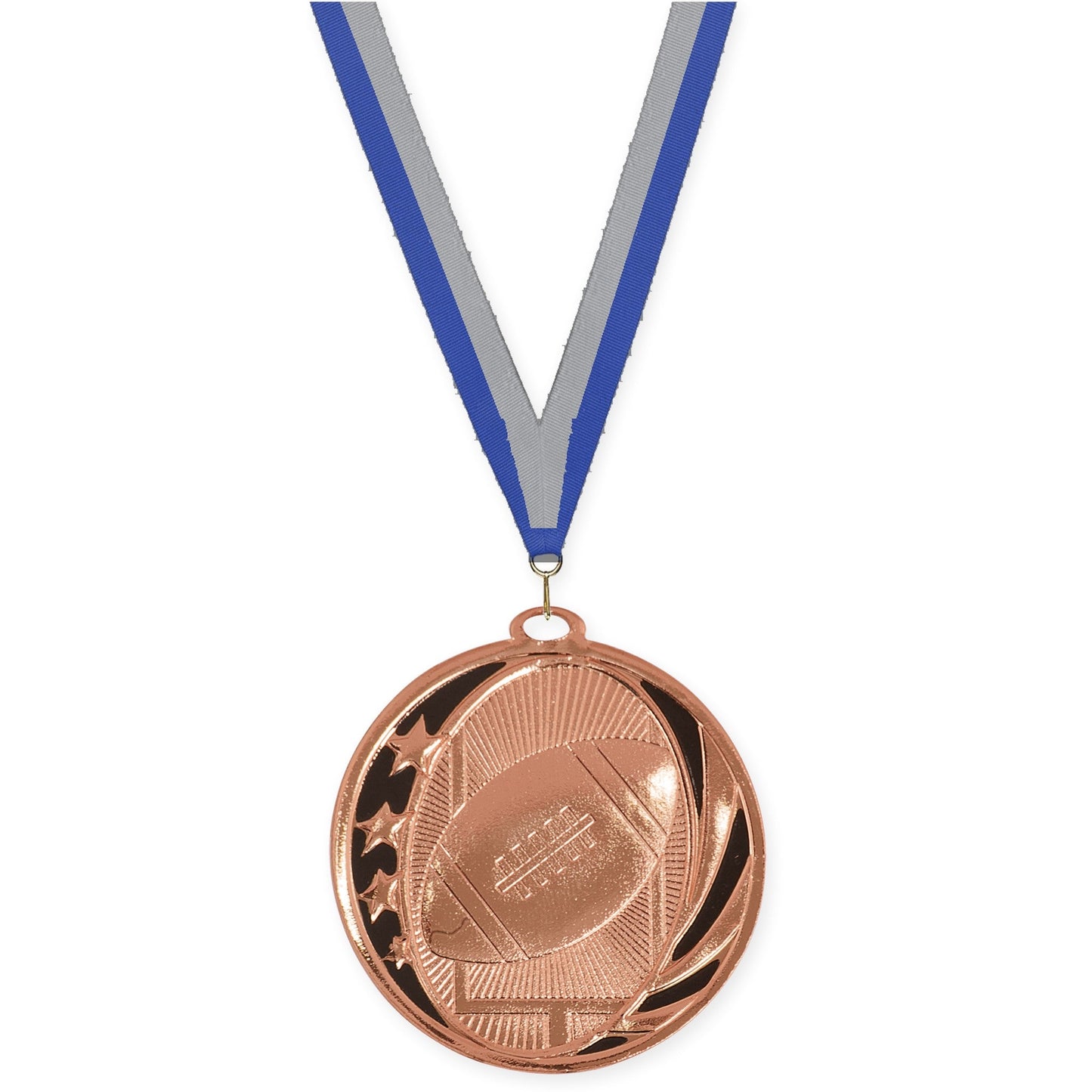 2 inch football MidNite Star medal in bright bronze with Blue Gray neck ribbon