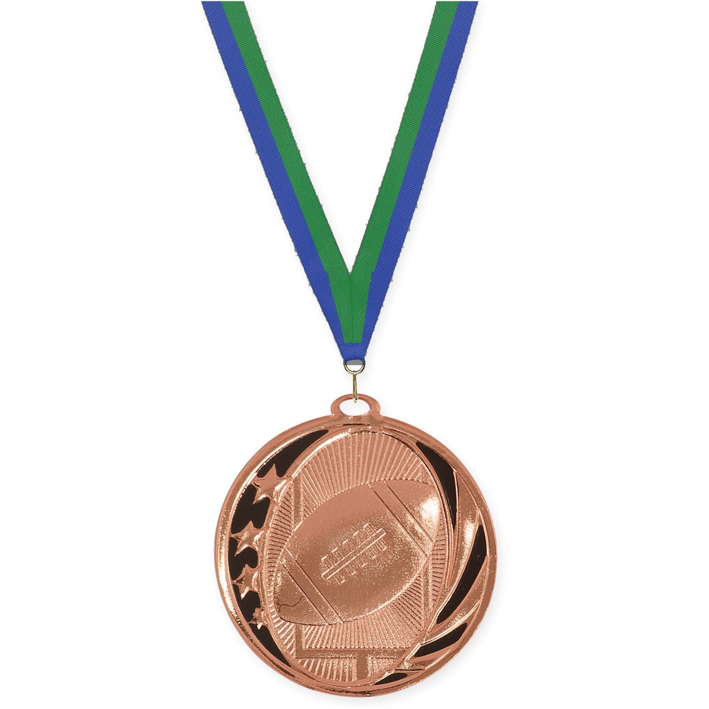2 inch football MidNite Star medal in bright bronze with Blue Green neck ribbon