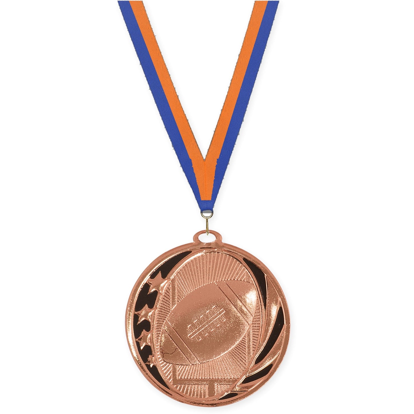 2 inch football MidNite Star medal in bright bronze with Blue Orange neck ribbon
