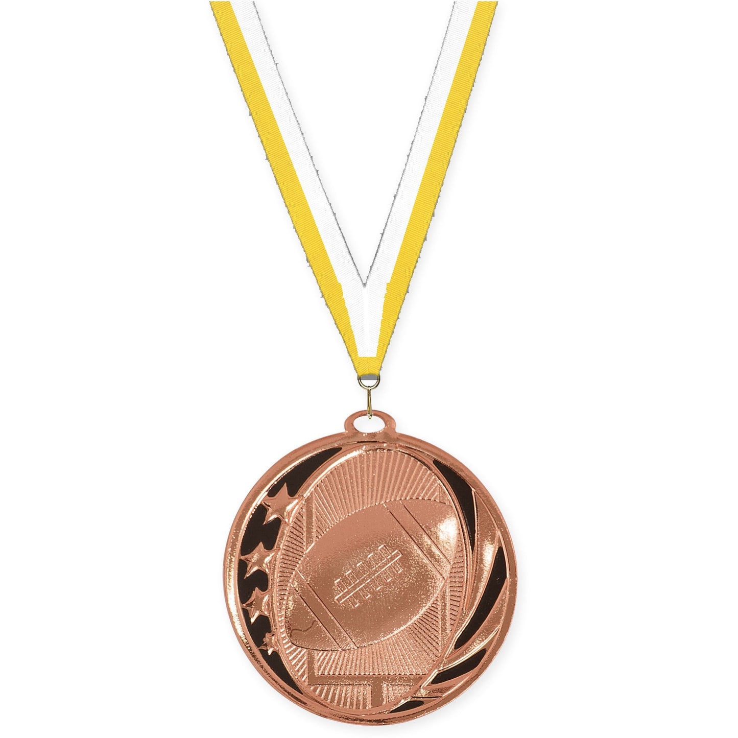 2 inch football MidNite Star medal in bright bronze with Yellow White neck ribbon