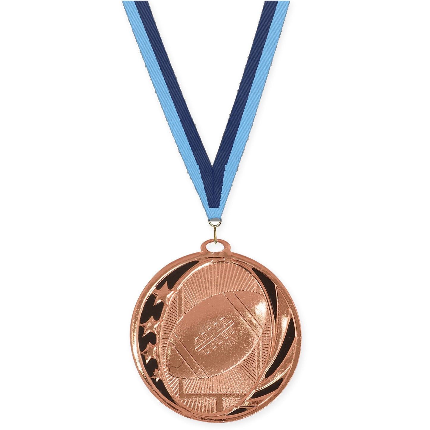 2 inch football MidNite Star medal in bright bronze with Light Blue Navy neck ribbon