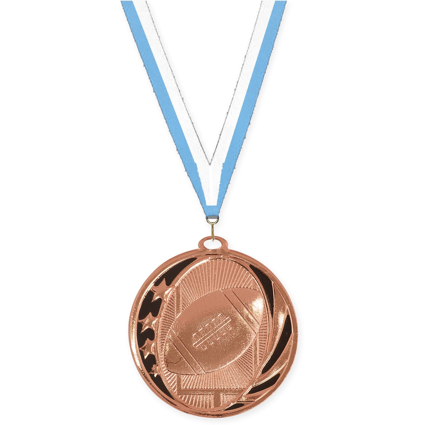 2 inch football MidNite Star medal in bright bronze with Light Blue White neck ribbon