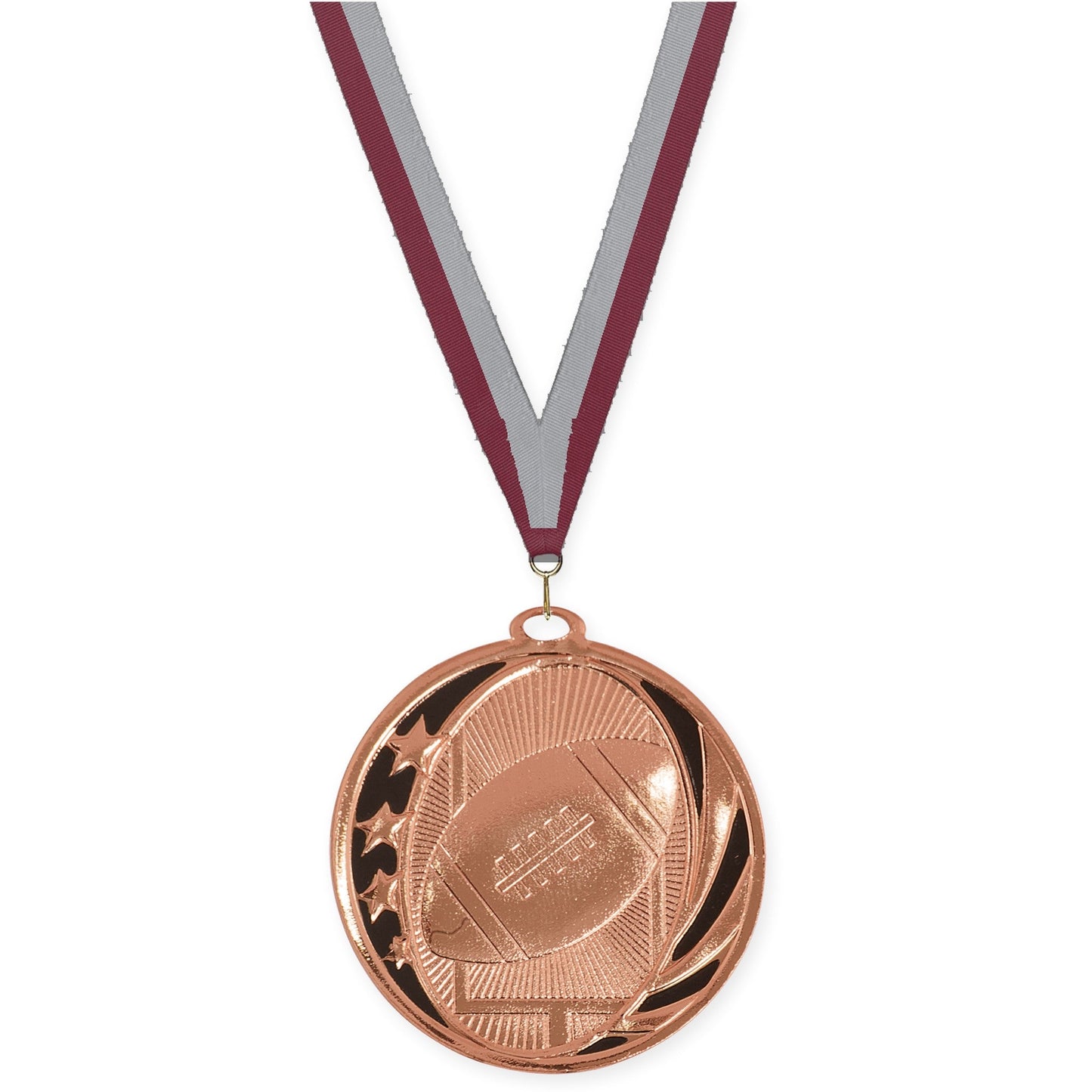 2 inch football MidNite Star medal in bright bronze with Maroon Gray neck ribbon