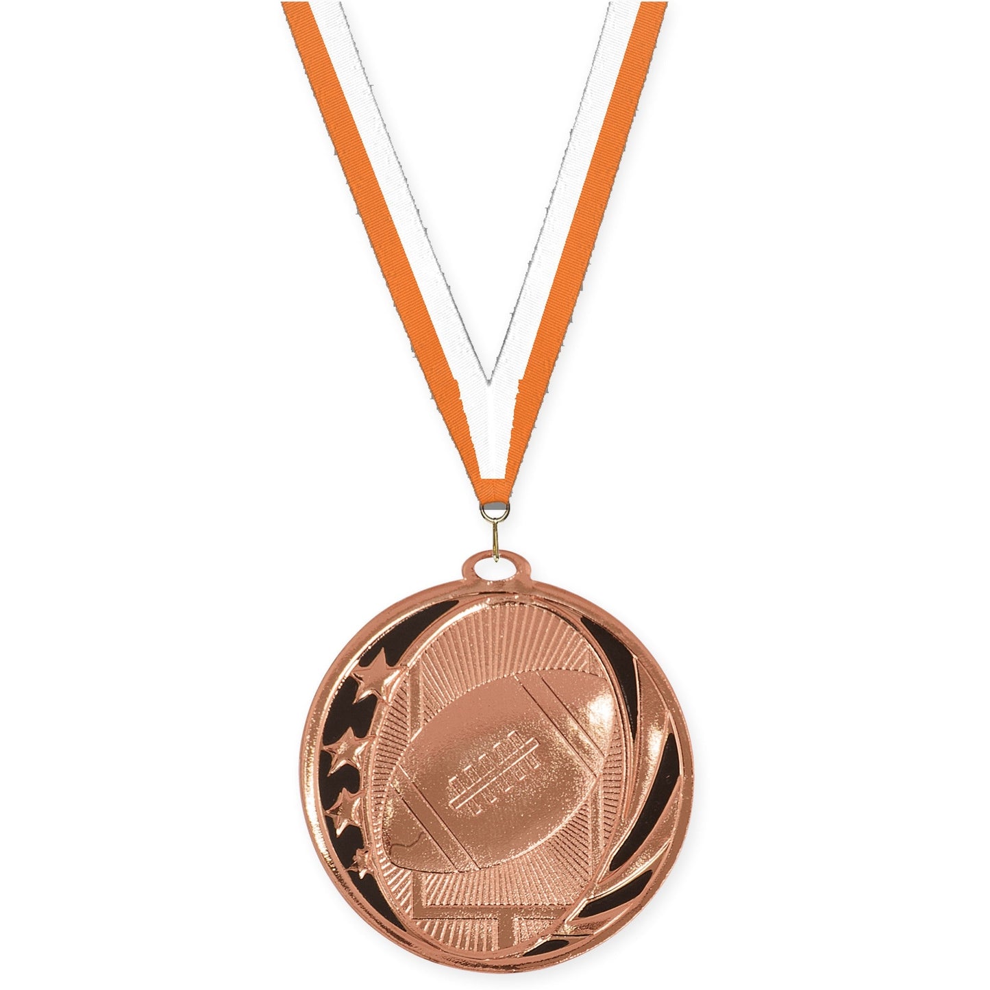 2 inch football MidNite Star medal in bright bronze with Orange White neck ribbon