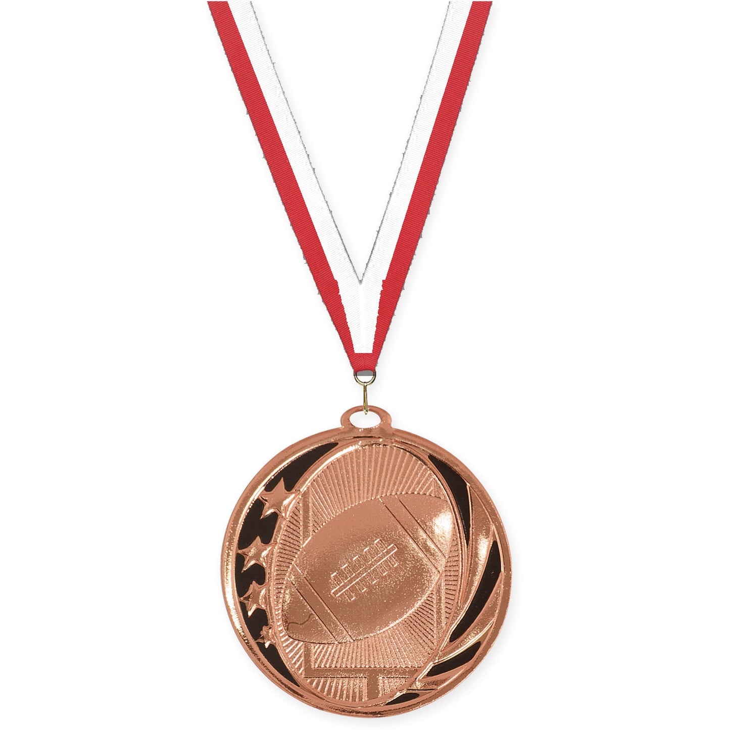 2 inch football MidNite Star medal in bright bronze with Red White neck ribbon