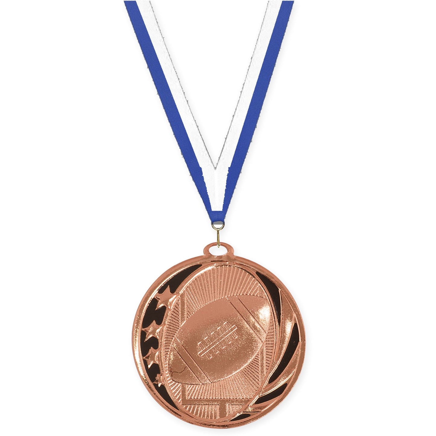 2 inch football MidNite Star medal in bright bronze with Blue White neck ribbon