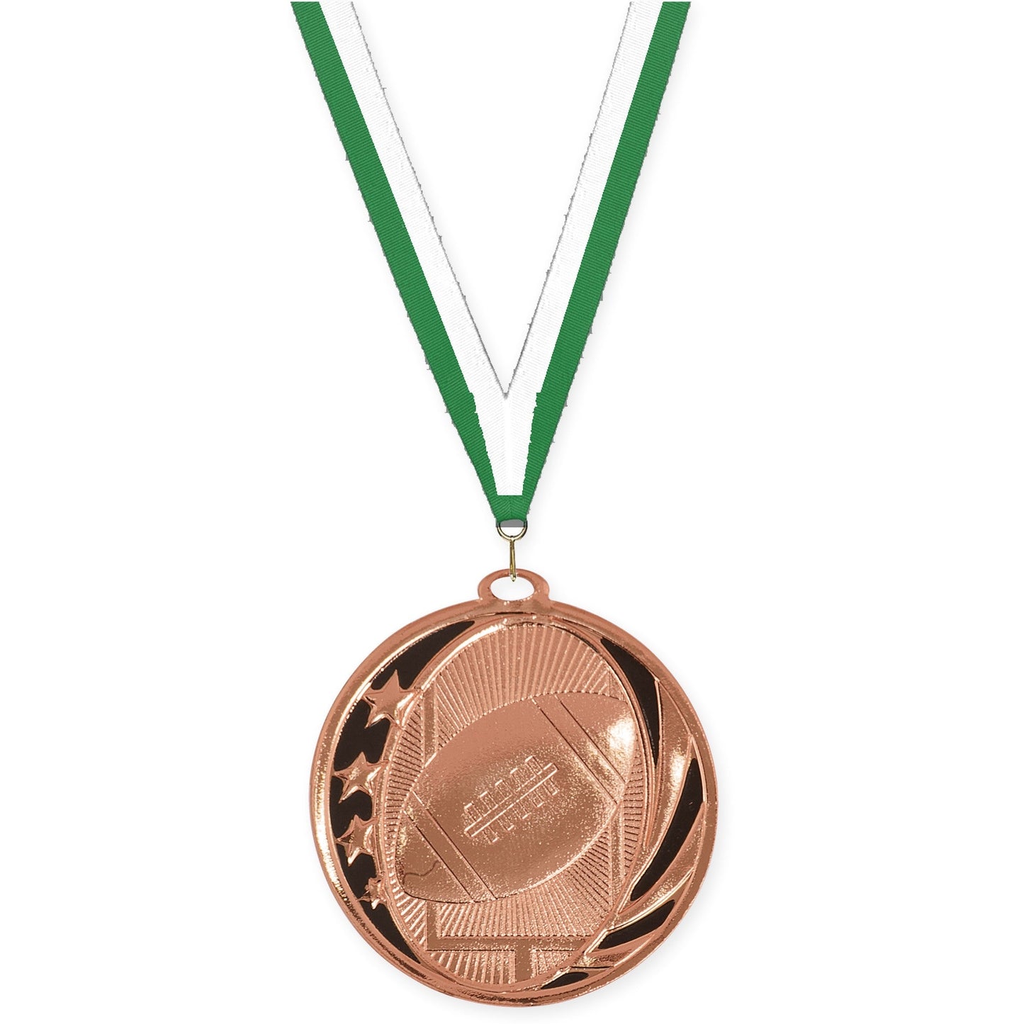 2 inch football MidNite Star medal in bright bronze with Green White neck ribbon