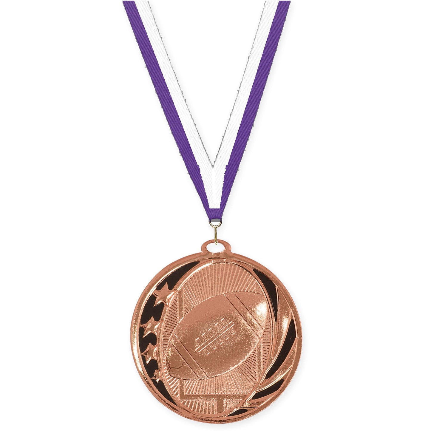 2 inch football MidNite Star medal in bright bronze with Purple White neck ribbon