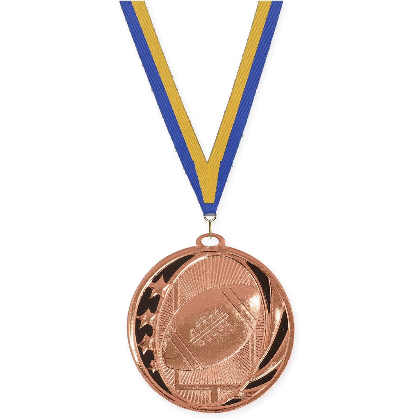 2 inch football MidNite Star medal in bright bronze with Blue Gold neck ribbon
