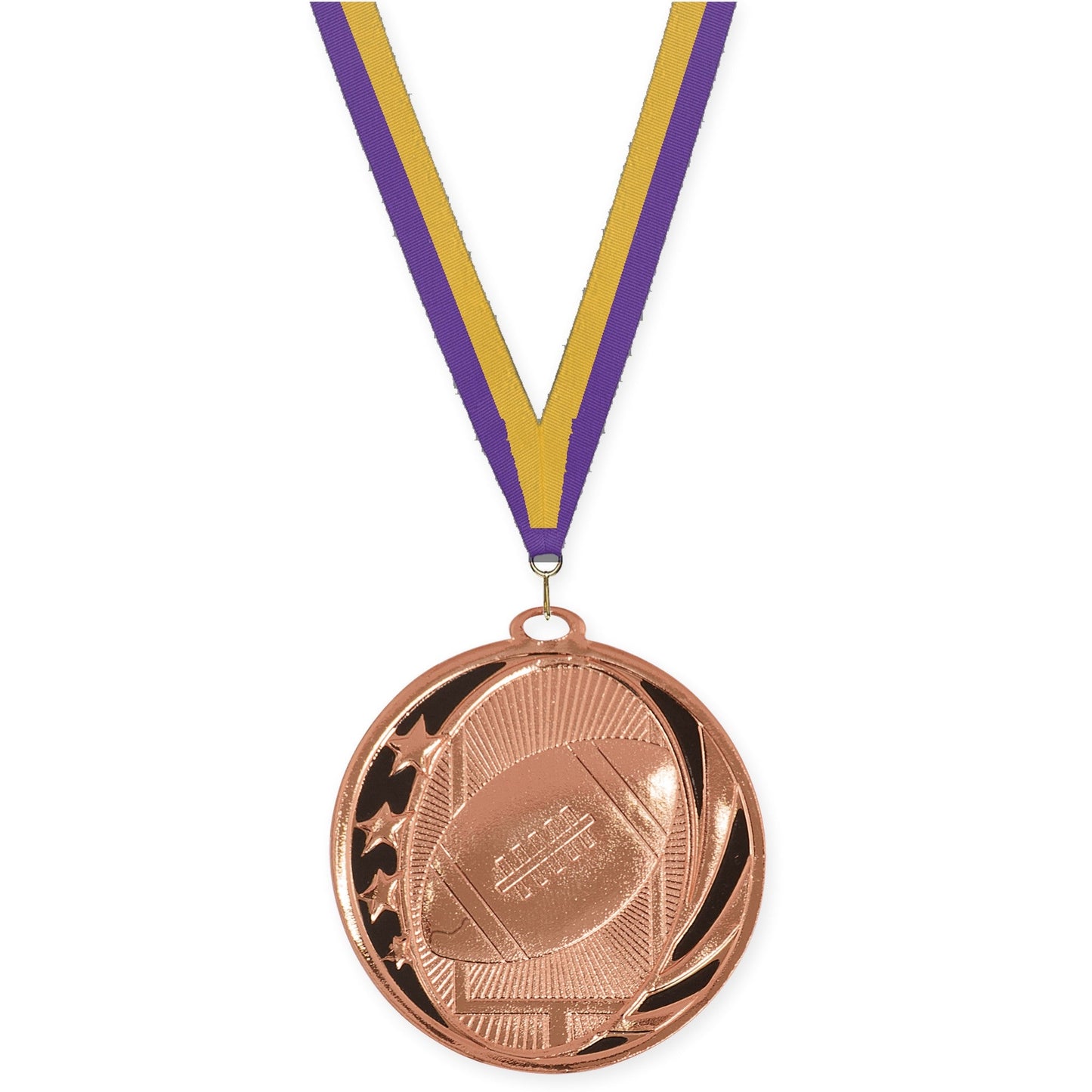 2 inch football MidNite Star medal in bright bronze with Purple Gold neck ribbon
