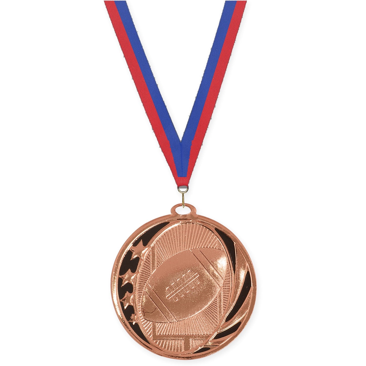 2 inch football MidNite Star medal in bright bronze with Blue Red neck ribbon