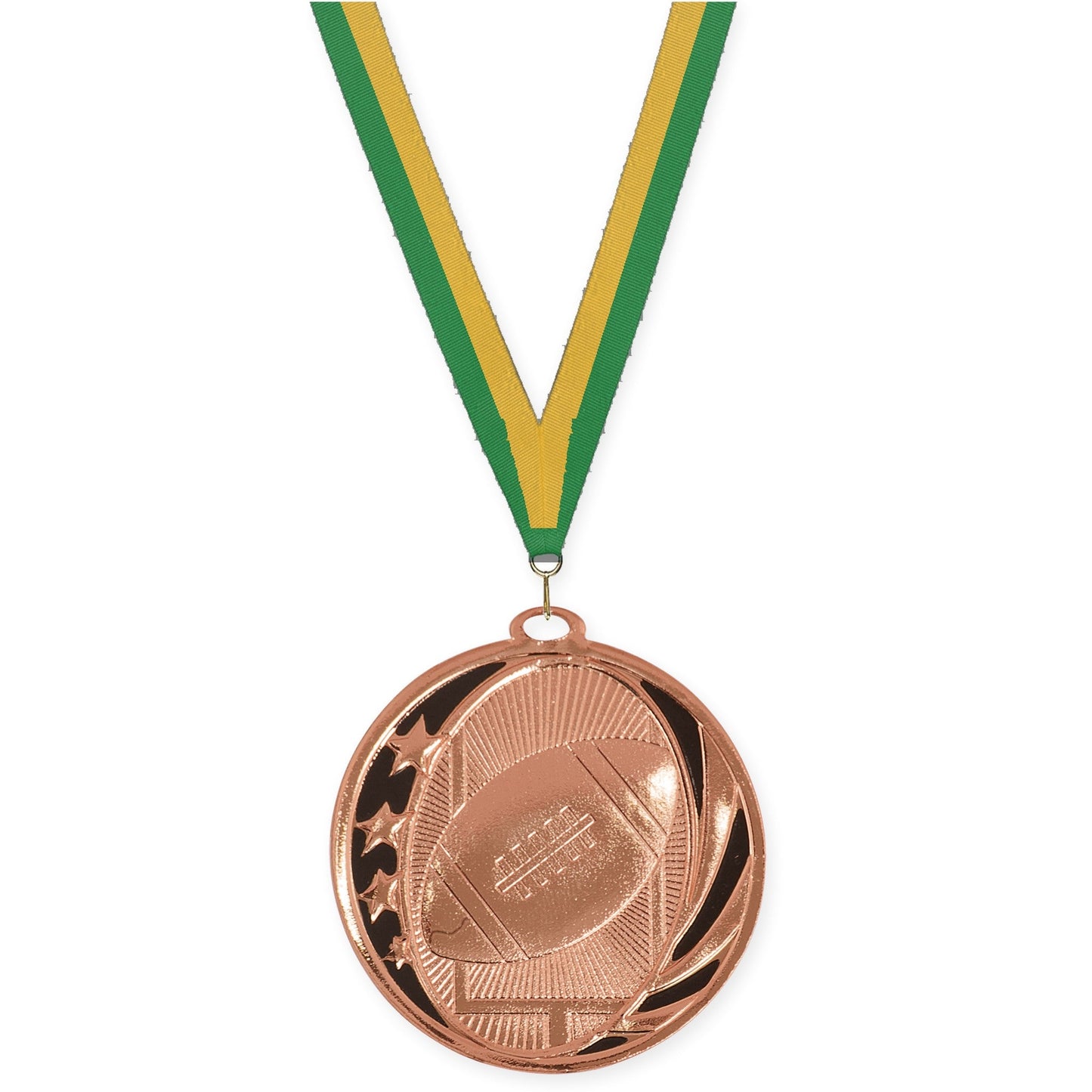 2 inch football MidNite Star medal in bright bronze with Green Gold neck ribbon