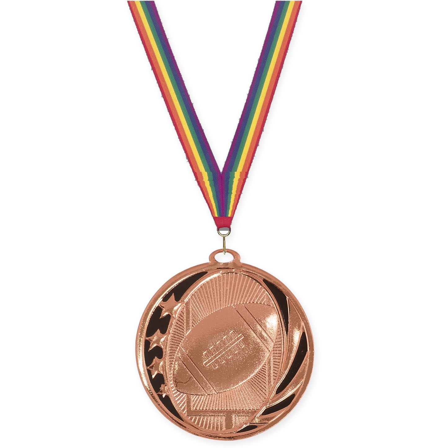 2 inch football MidNite Star medal in bright bronze with Rainbow neck ribbon