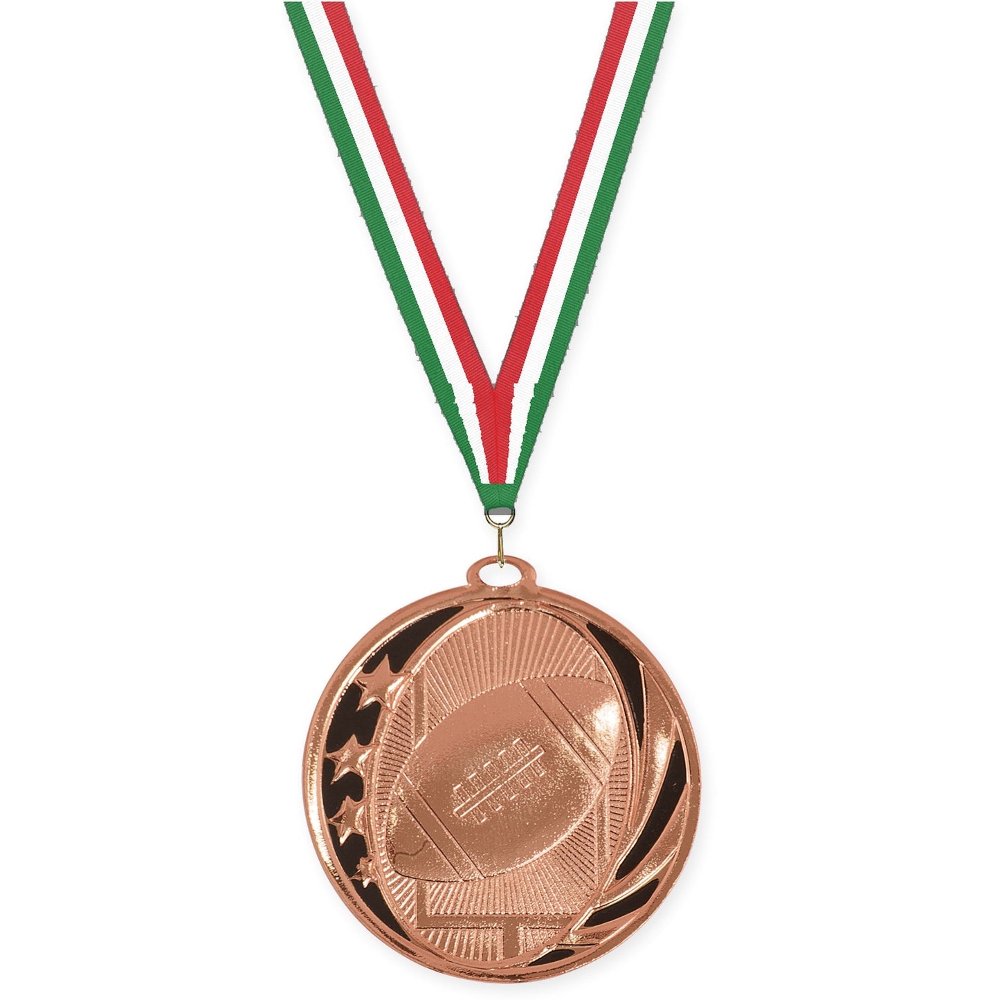 2 inch football MidNite Star medal in bright bronze with Green White Red neck ribbon