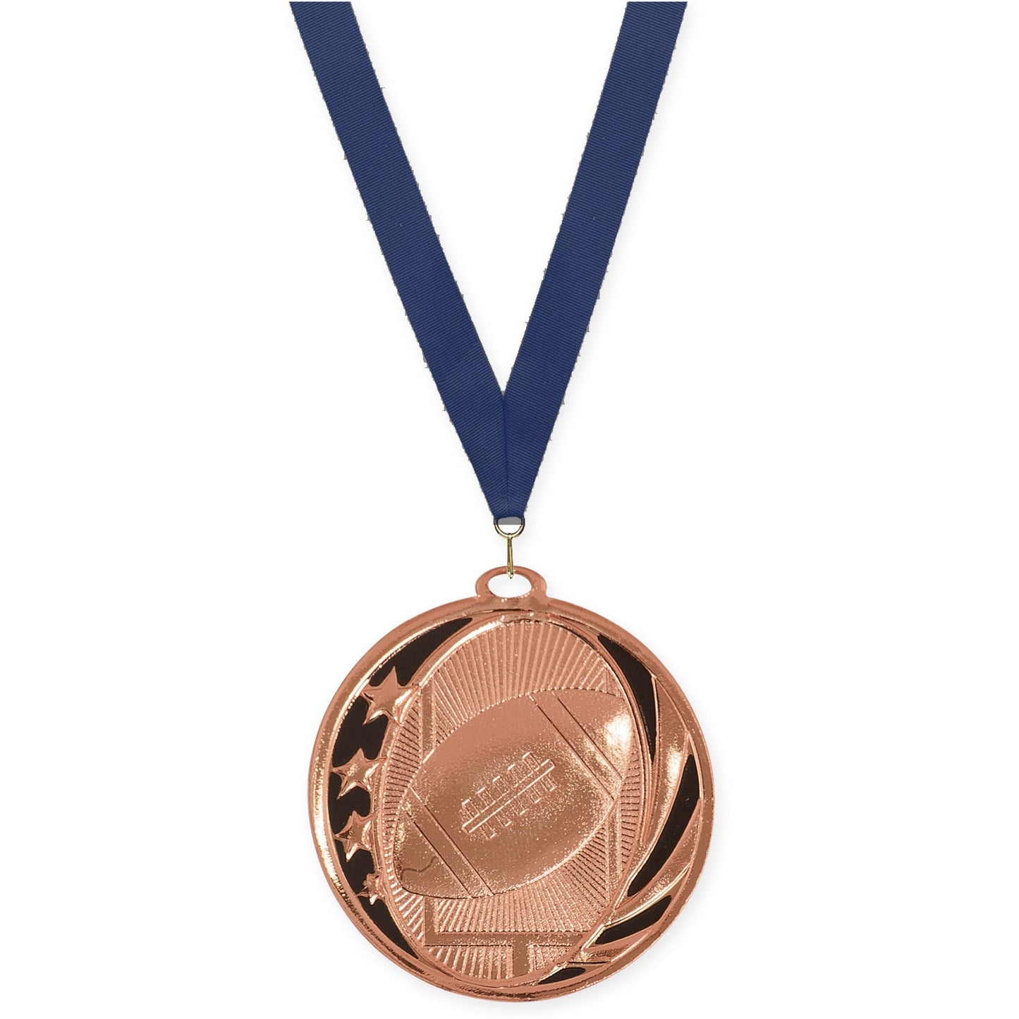2 inch football MidNite Star medal in bright bronze with Navy neck ribbon