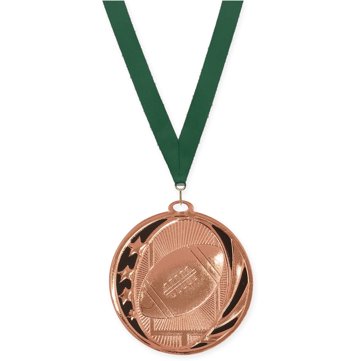 2 inch football MidNite Star medal in bright bronze with Hunter Green neck ribbon