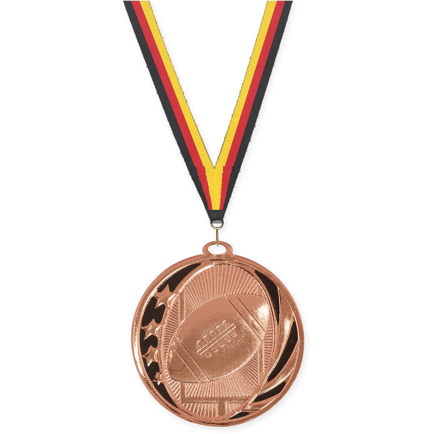 2 inch football MidNite Star medal in bright bronze with Black Red Yellow neck ribbon