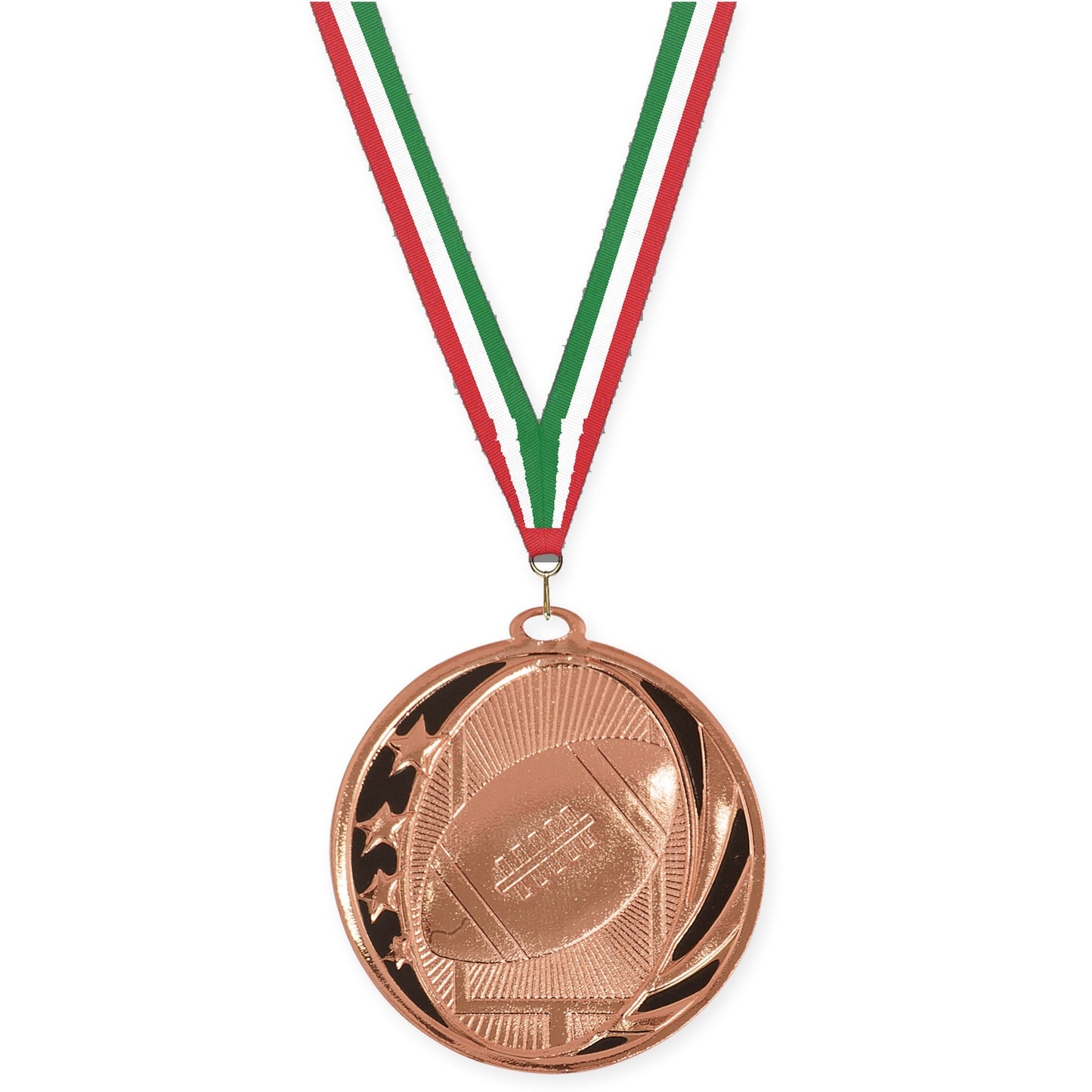 2 inch football MidNite Star medal in bright bronze with Red White Green neck ribbon