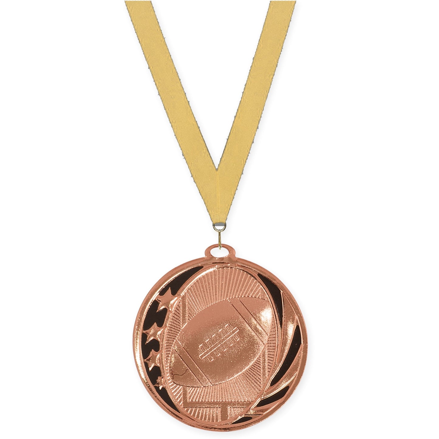 2 inch football MidNite Star medal in bright bronze with Gold Metallic neck ribbon