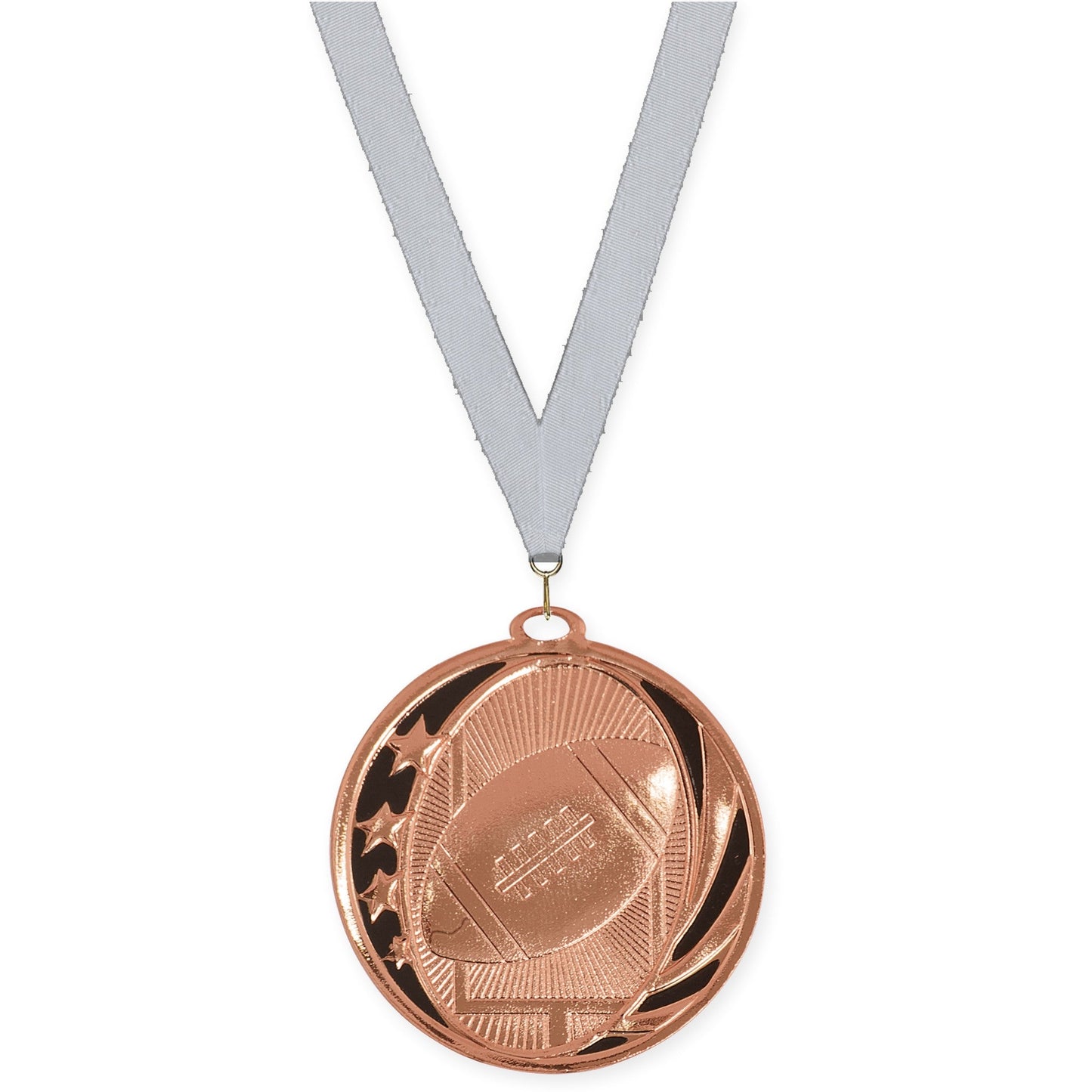 2 inch football MidNite Star medal in bright bronze with Silver Metallic neck ribbon