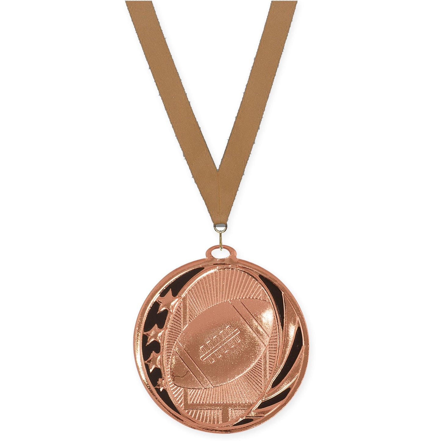 2 inch football MidNite Star medal in bright bronze with Bronze Metallic neck ribbon